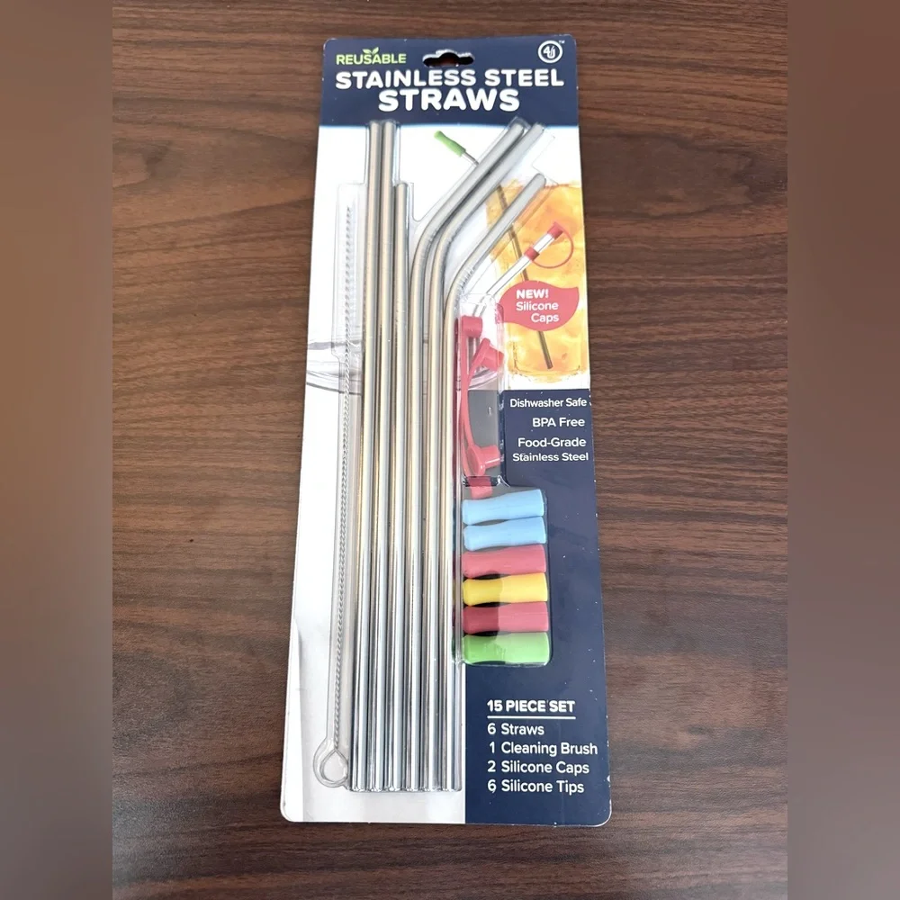 4th Utensil Reusable Bent Stainless Steel Straws‎ and Cleaning Brush | NWT
